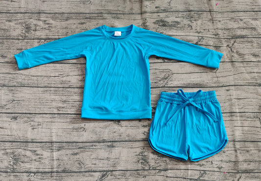 Long sleeves blue top shorts kids girls yoga clothes