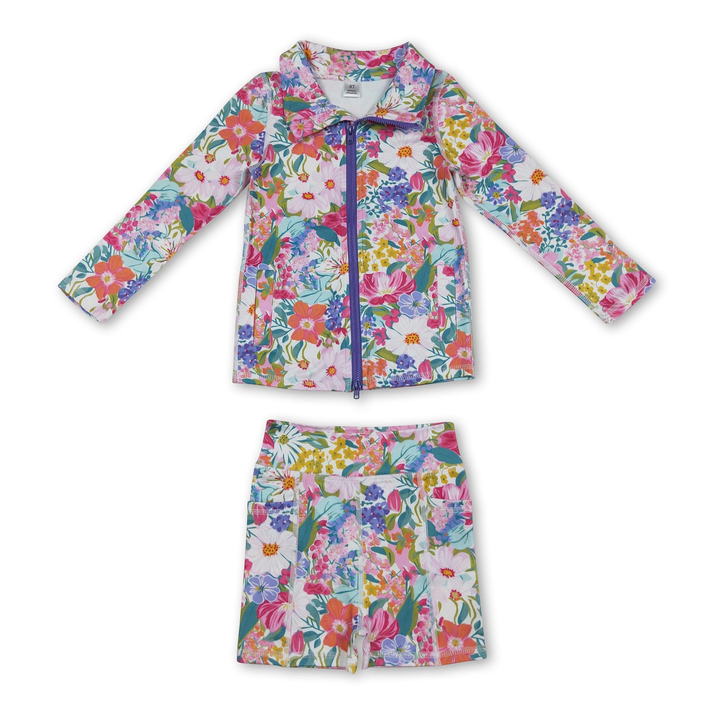 Long sleeves lavender floral top shorts girls activewear set