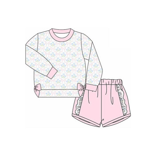 Long sleeves floral pink bow top light blue shorts girls clothes