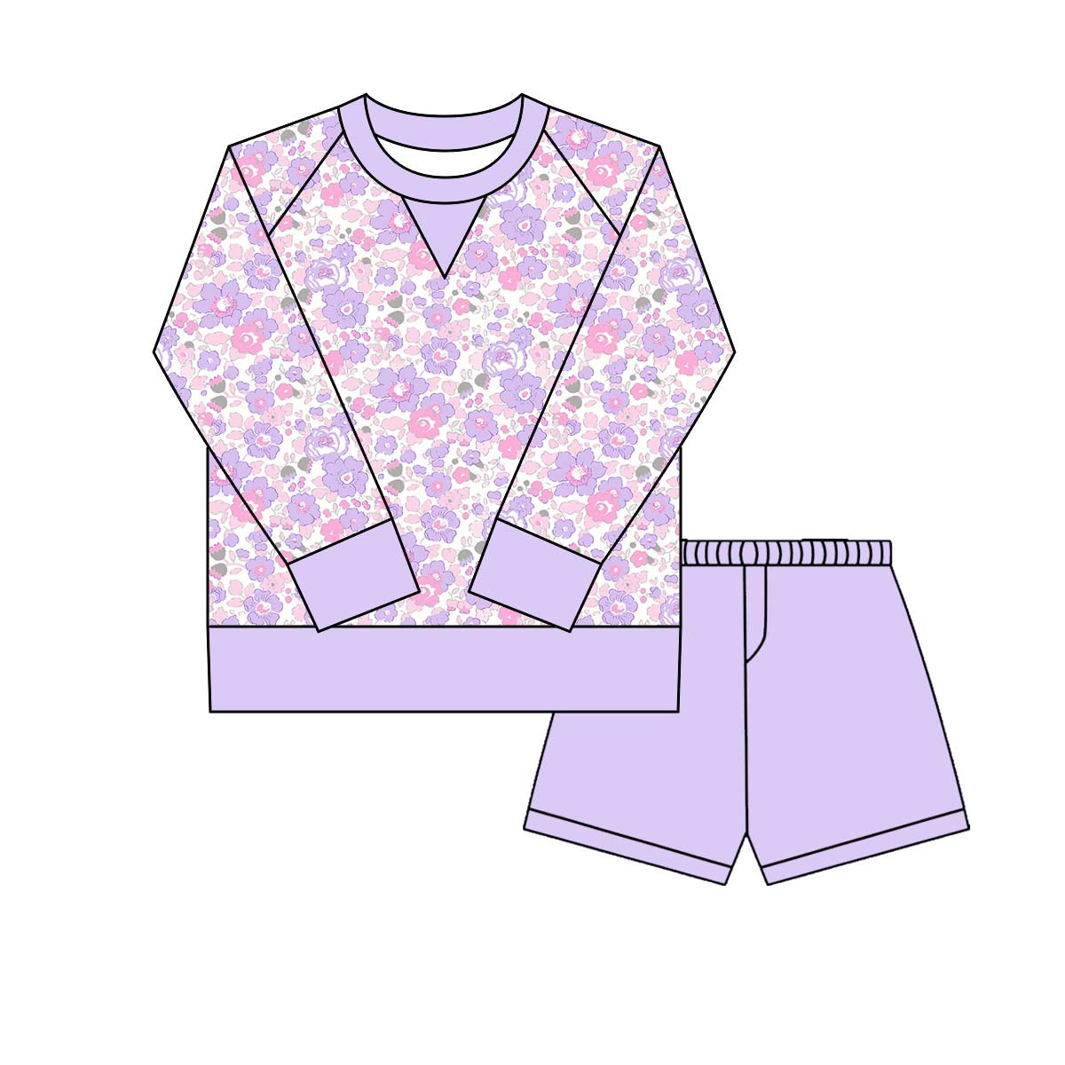 purple flowers print yoga top match purple shorts girl set