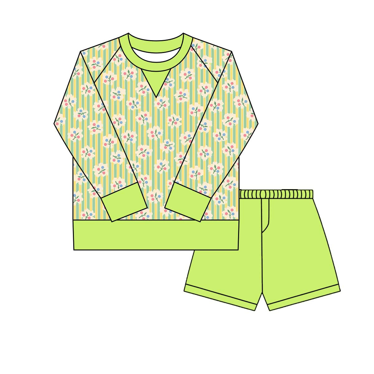 flowers yellow green stripe  print yoga top match green shorts girl set