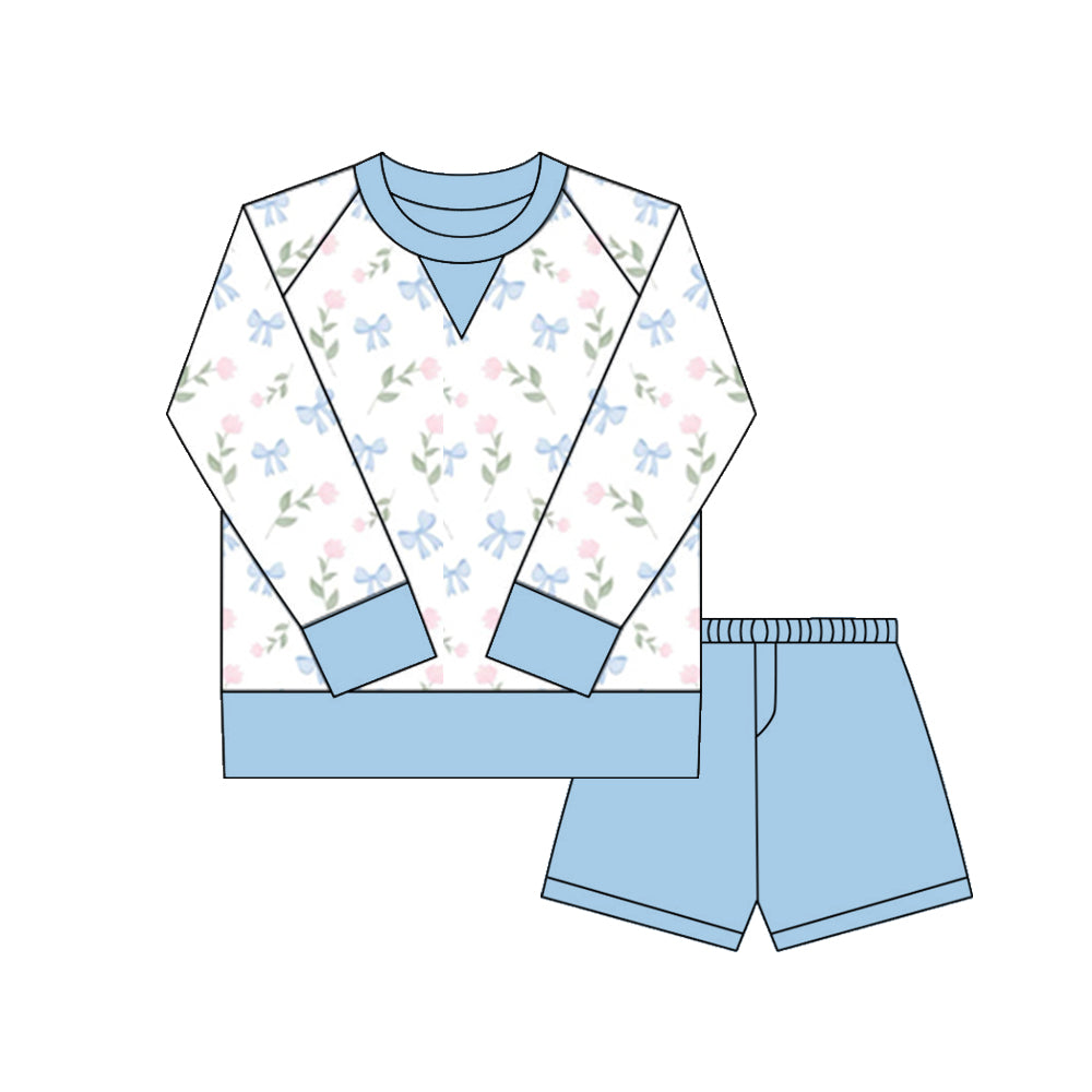 flowers print yoga top match blue shorts girl set