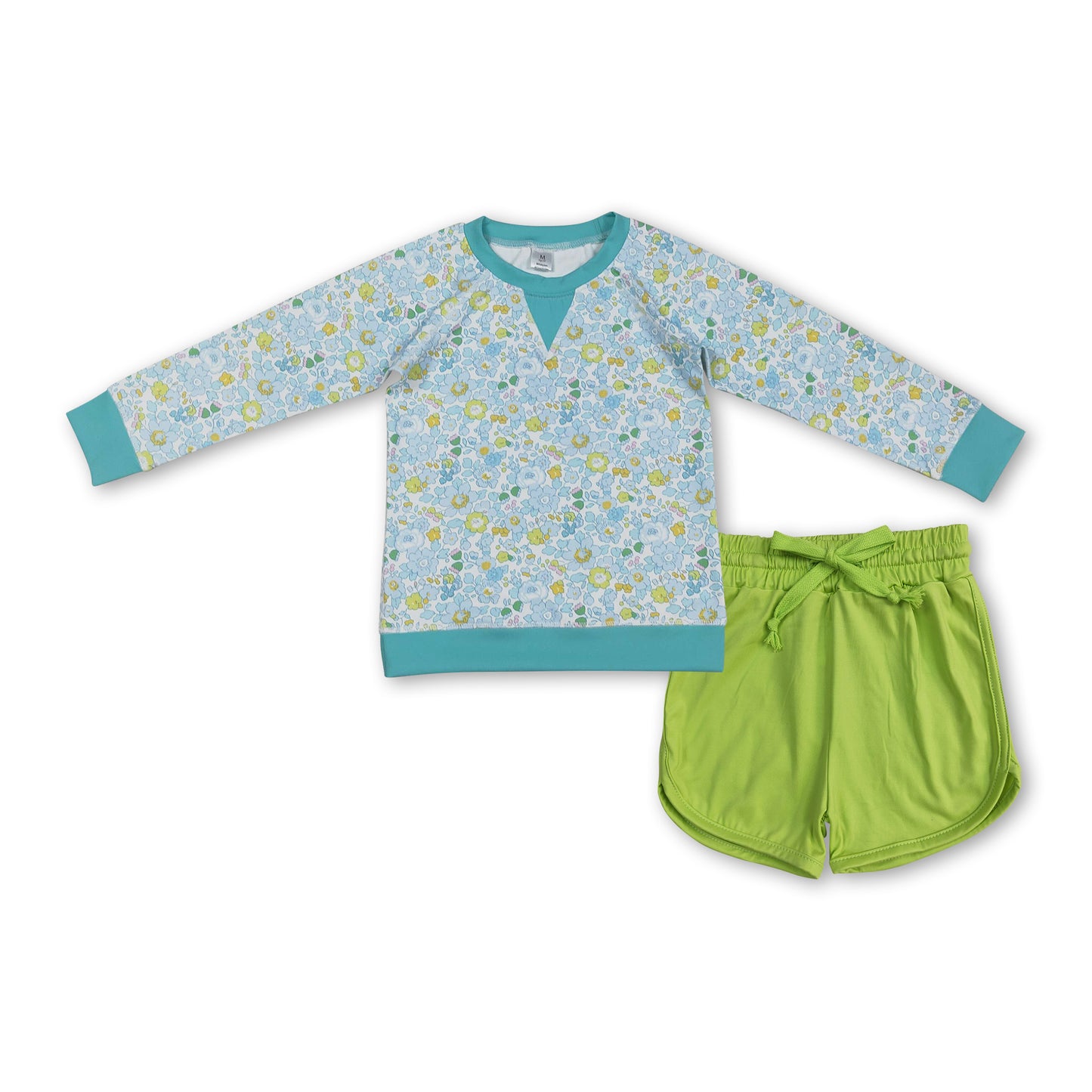 Long sleeves floral top green shorts kids girls yoga clothes