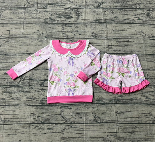 Pink long sleeves floral top ruffle shorts girls outfits