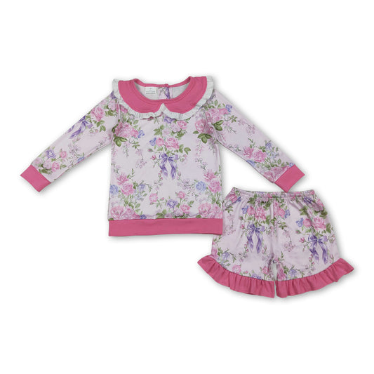 Pink long sleeves floral top ruffle shorts girls outfits