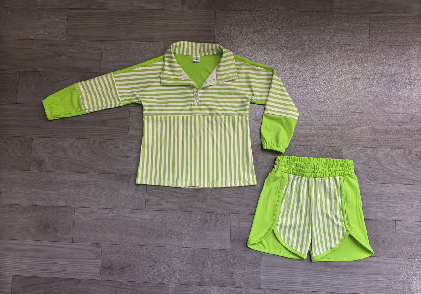Green stripe patchwork pullover shorts girls active set