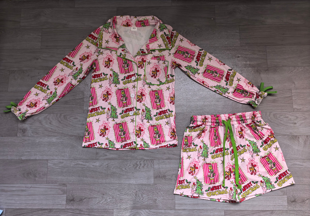 Pink bow green face women Christmas button down pjs