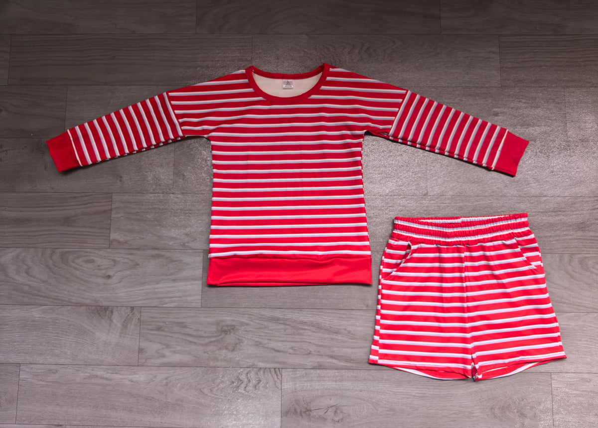 Red stripe long sleeves top shorts girls active wear set
