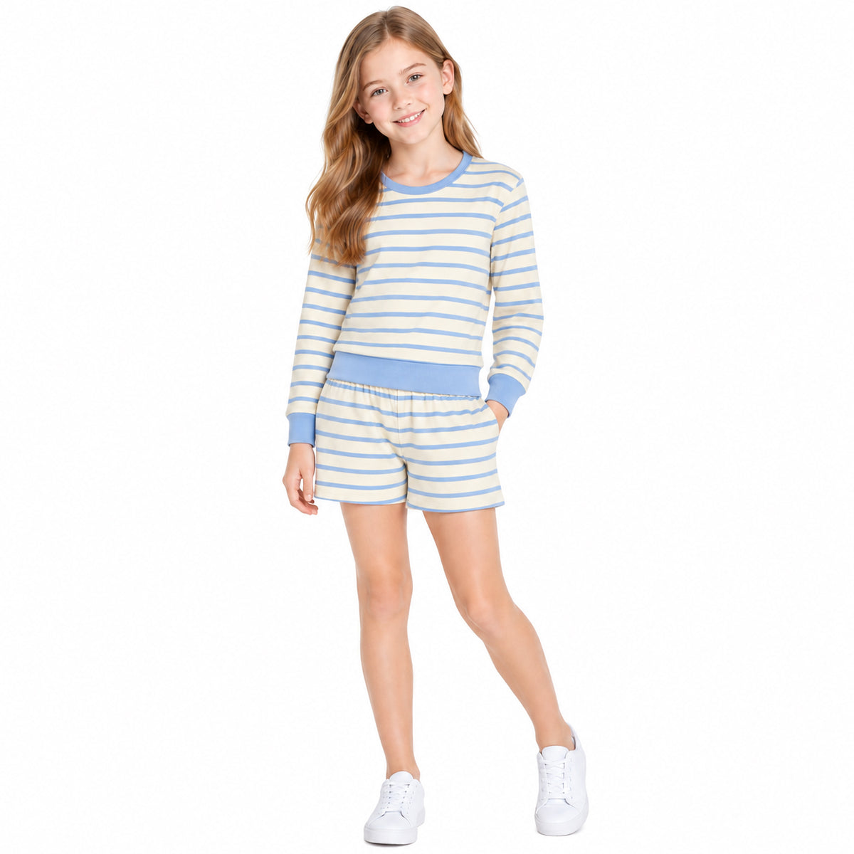 Yellow stripe top scallop shorts girls active wear set