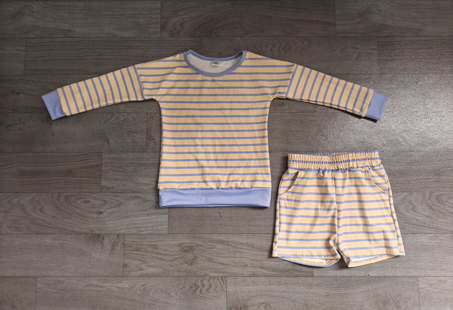 Yellow stripe top scallop shorts girls active wear set