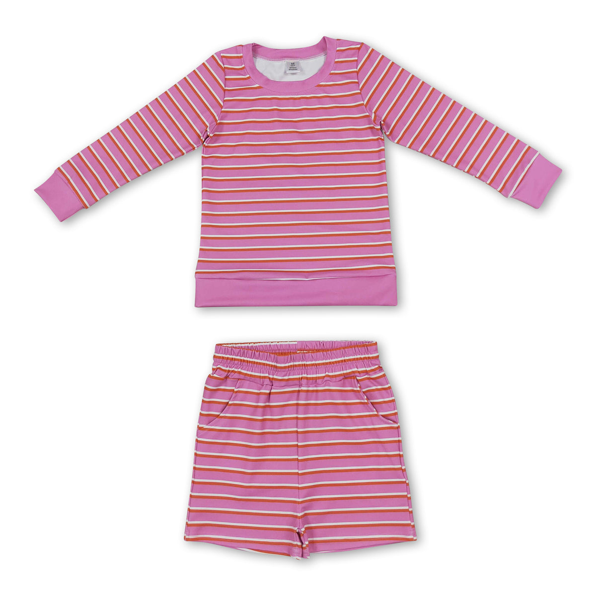 Pink stripe long sleeves top shorts girls active wear set