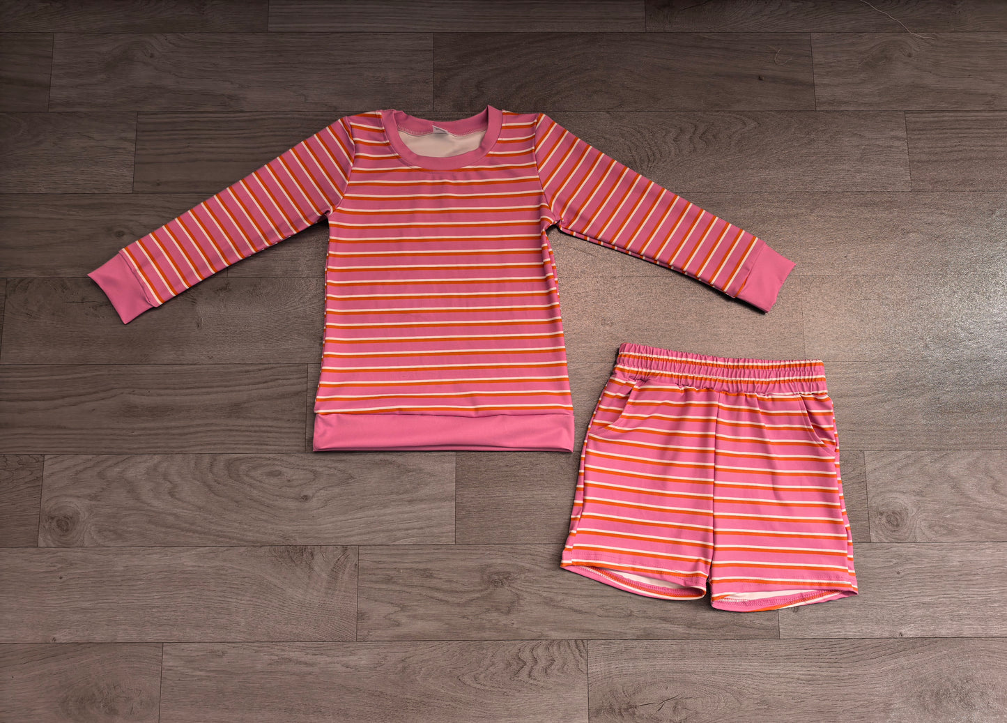 Pink stripe long sleeves top shorts girls active wear set
