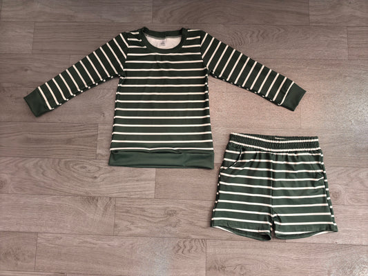 Dark green stripe long sleeves top shorts girls active wear set