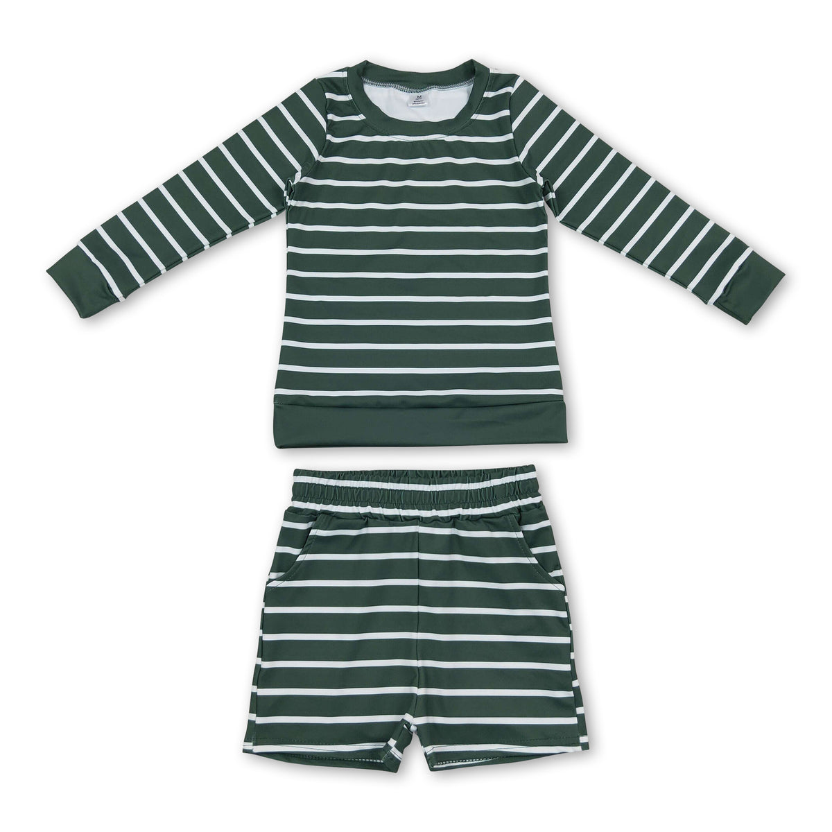 Dark green stripe long sleeves top shorts girls active wear set