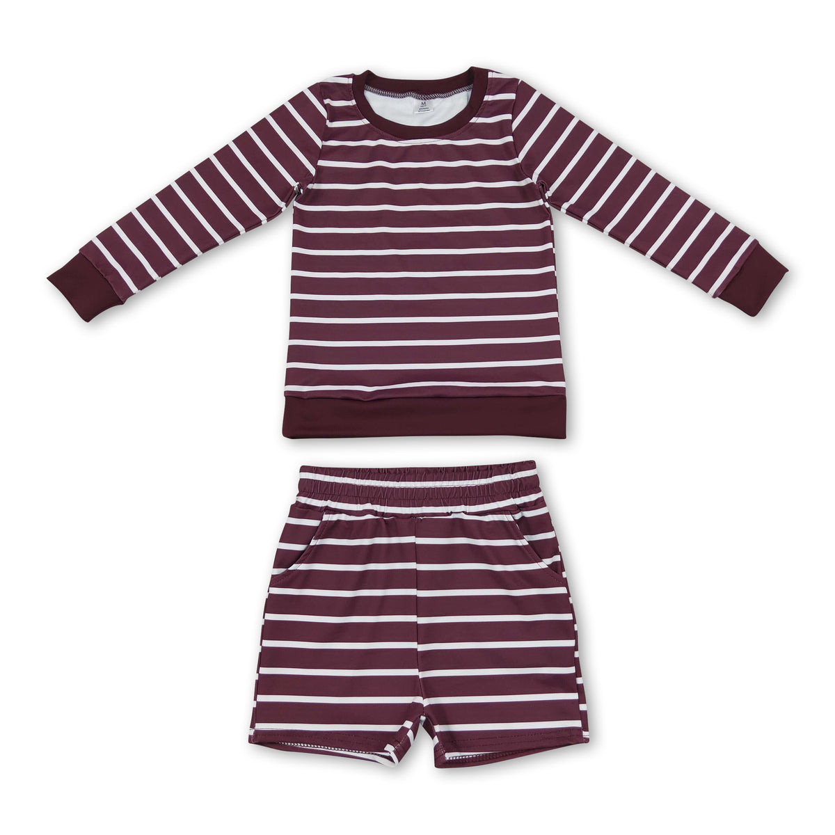 Wine red stripe long sleeves top shorts girls active wear set