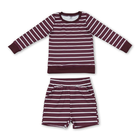 Wine red stripe long sleeves top shorts girls active wear set