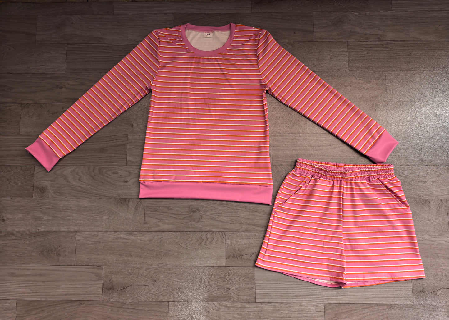 Pink stripe long sleeves top shorts women active wear set