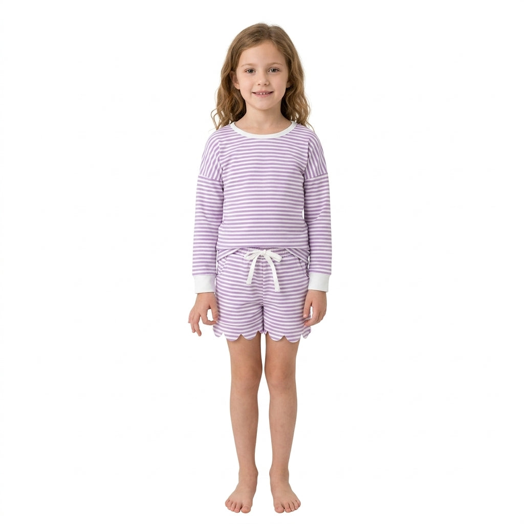 Lavender stripe top scallop shorts girls active wear set