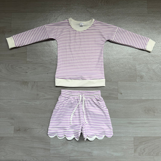 Lavender stripe top scallop shorts girls active wear set