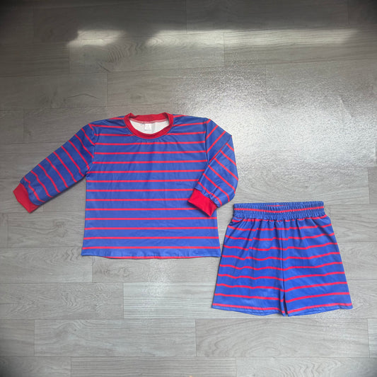 Blue red stripe long sleeves top shorts girls active wear set