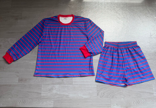 Blue red stripe long sleeves top shorts women active wear set