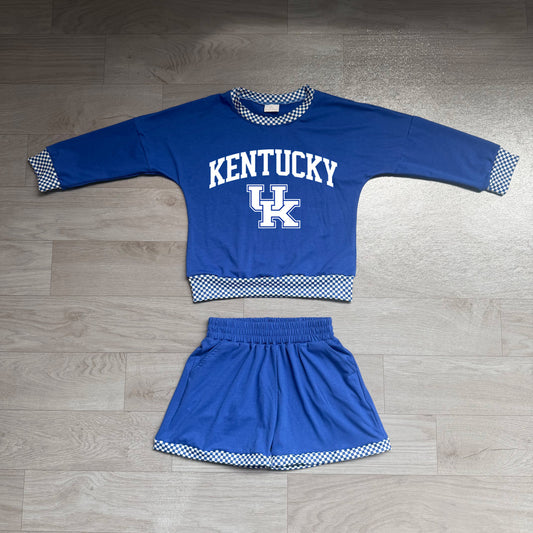Long sleeves blue U K vinyl top shorts girls team outfits
