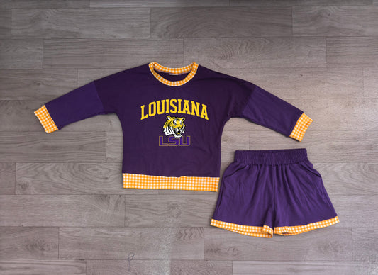 Long sleeves purple tiger vinyl top shorts girls team outfits