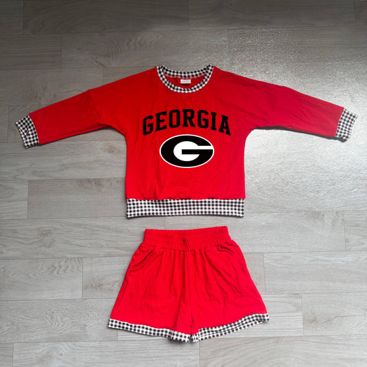 Long sleeves red G vinyl top shorts girls team outfits