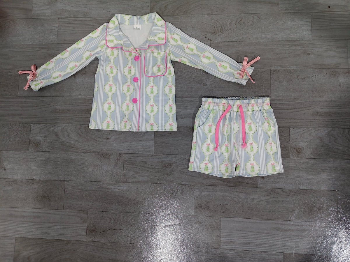 Christmas tree bow top shorts kids girls pajamas set