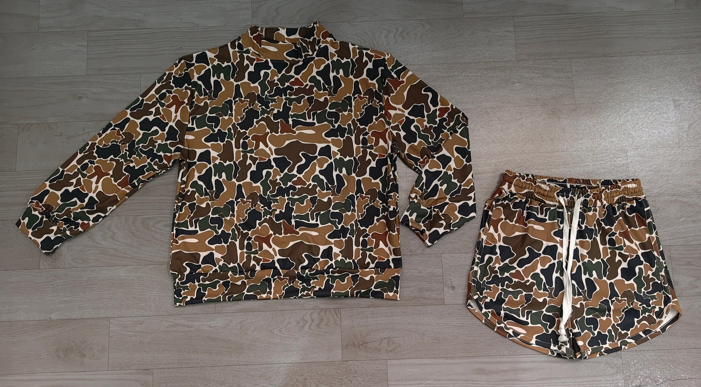 Brown camo long sleeves top shorts women active wear set