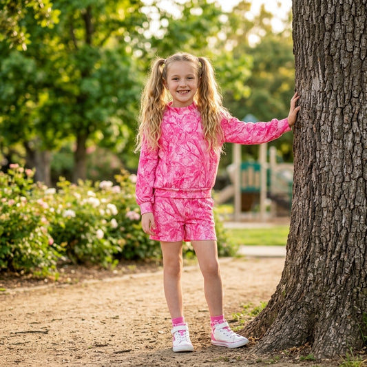 Pink camo mock neck top shorts kids girls outfits