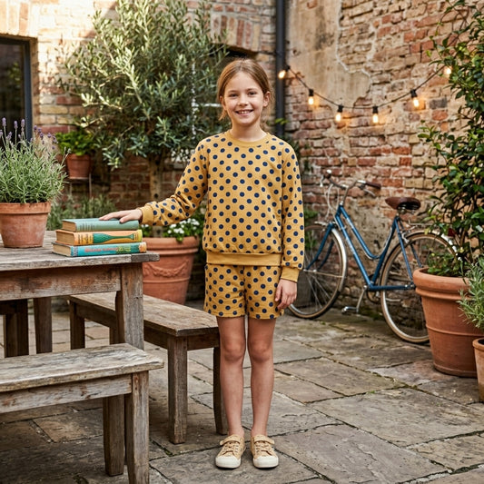 Long sleeves yellow navy polka dots top shorts girls outfits
