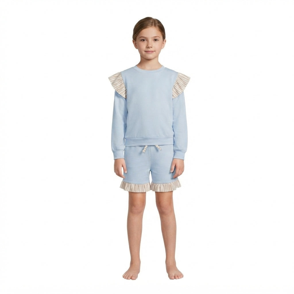 Flutter long sleeves light blue cotton top shorts girls outfits