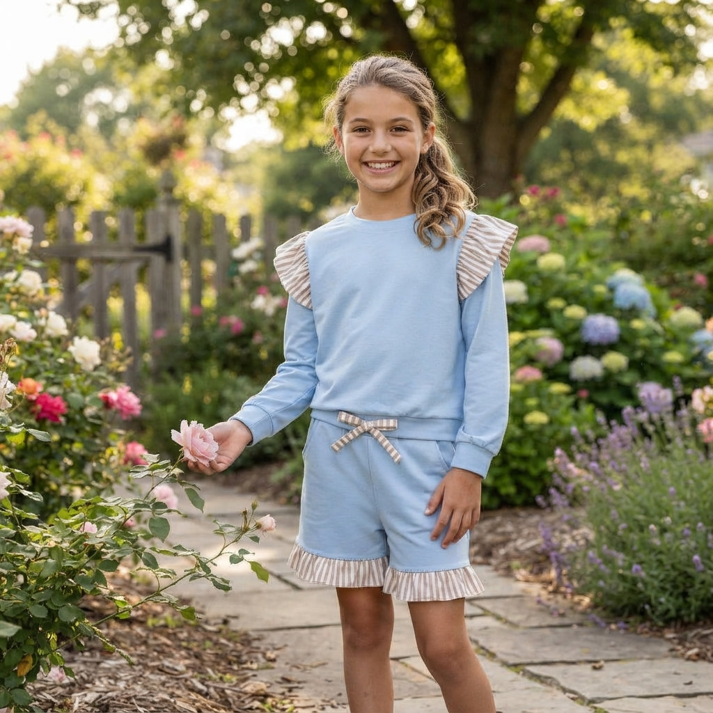 Flutter long sleeves light blue cotton top shorts girls outfits