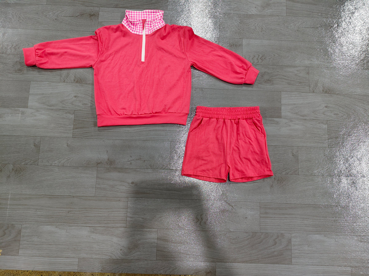 Long sleeves pink plaid pullover shorts girls outfits