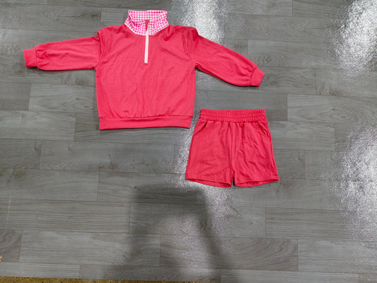 Long sleeves pink plaid pullover shorts girls outfits