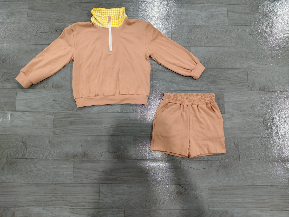Long sleeves yellow plaid khaki pullover shorts girls outfits