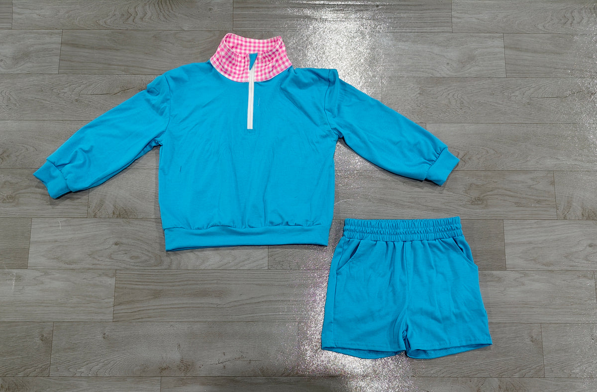 Long sleeves pink plaid blue pullover shorts girls outfits