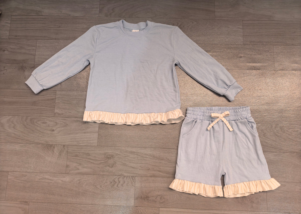 Light blue cotton stripe top shorts girls clothing set