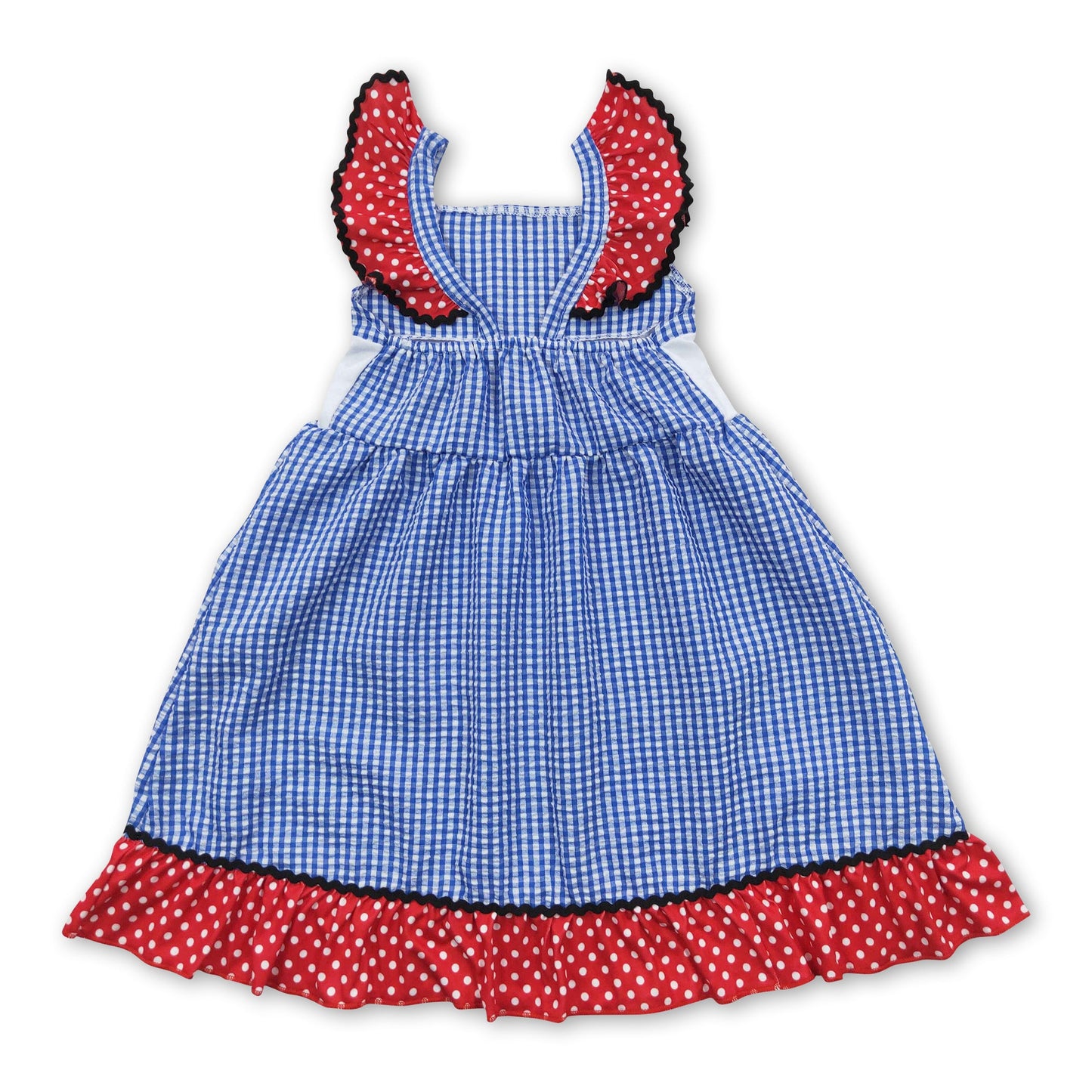 Flag embroidery blue plaid seesuckers girls 4th of july dress