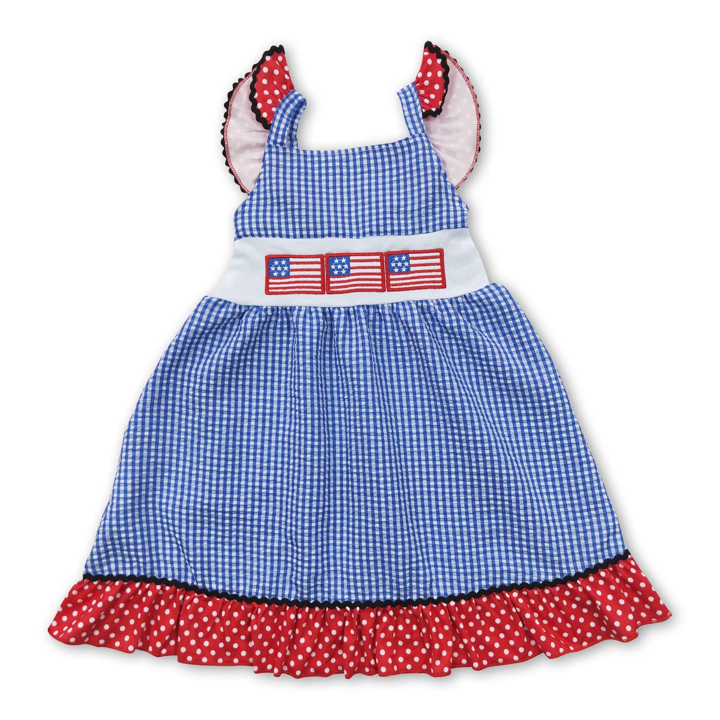 Flag embroidery blue plaid seesuckers girls 4th of july dress