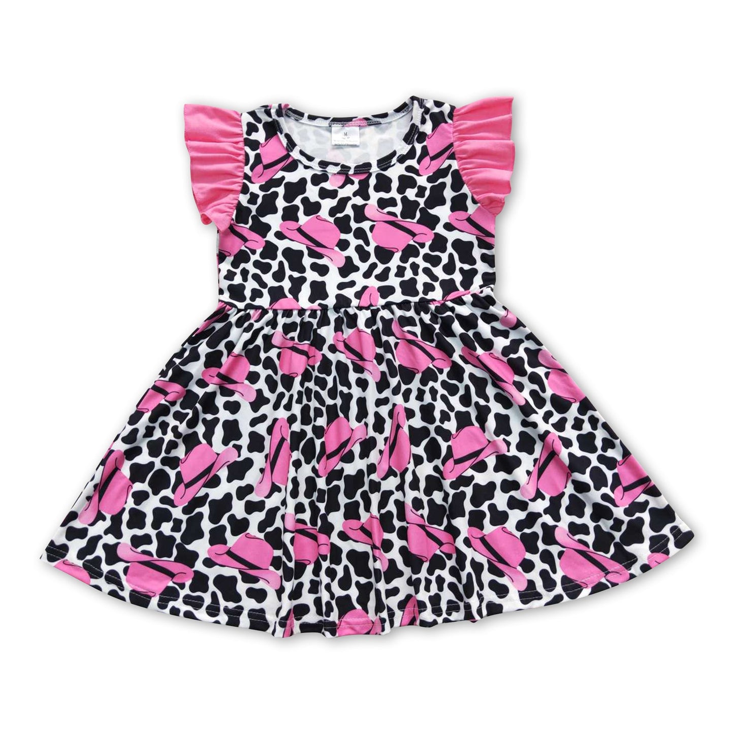 Pink flutter sleeves cow print hat girls western dresses