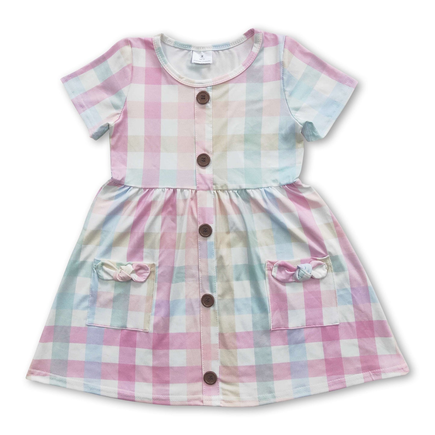 Short sleeves colorful plaid pockets girls dresses