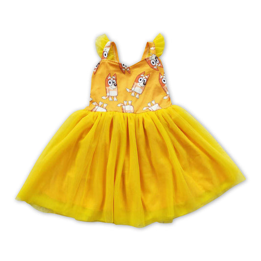 Yellow dog flutter sleeves tulle baby girls dress