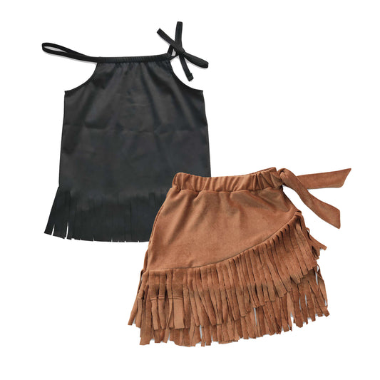 Balck tassels top match skirt kids girls clothes