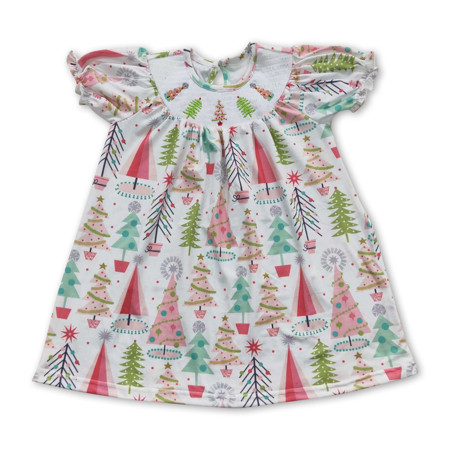 Christmas tree short sleeves smocked kids girls dresses