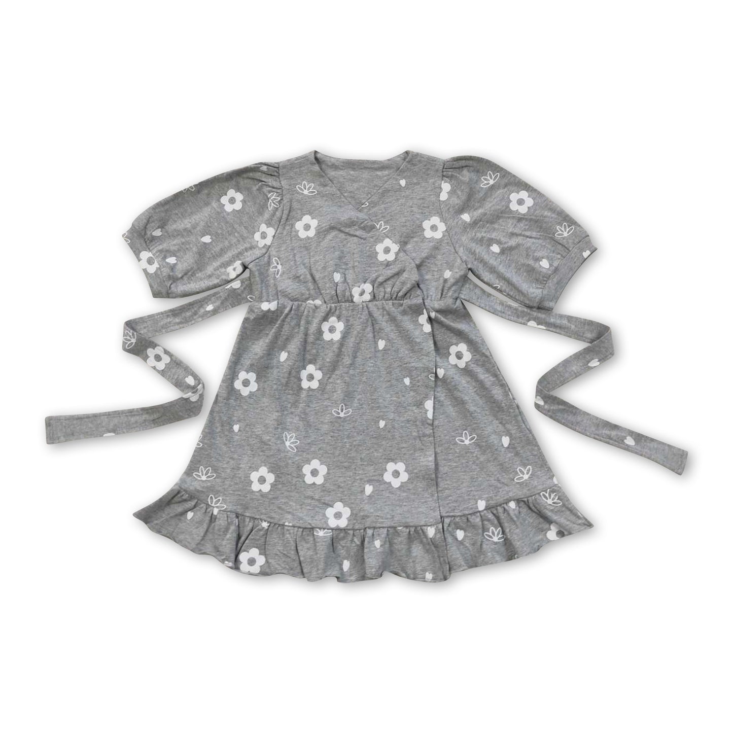 White flower grey cotton belt baby girls dresses