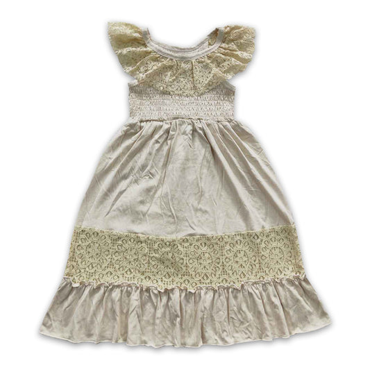 Beige lace cotton elastic kids girls dresses