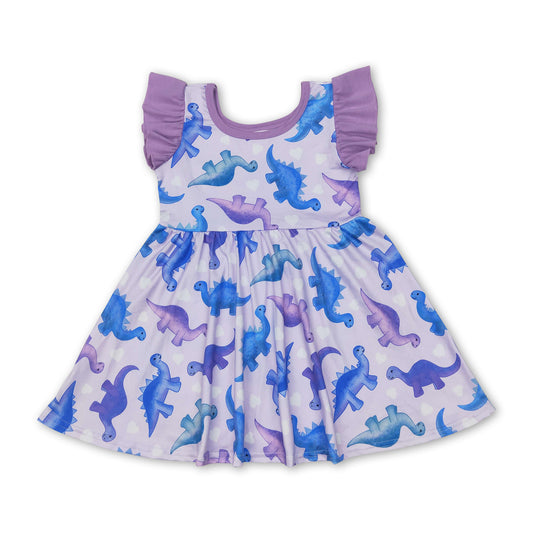 Purple flutter sleeves dinosaur girls dresses