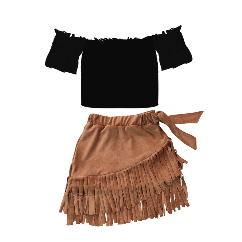 Black short sleeves shirt fringe skirt girls outfits